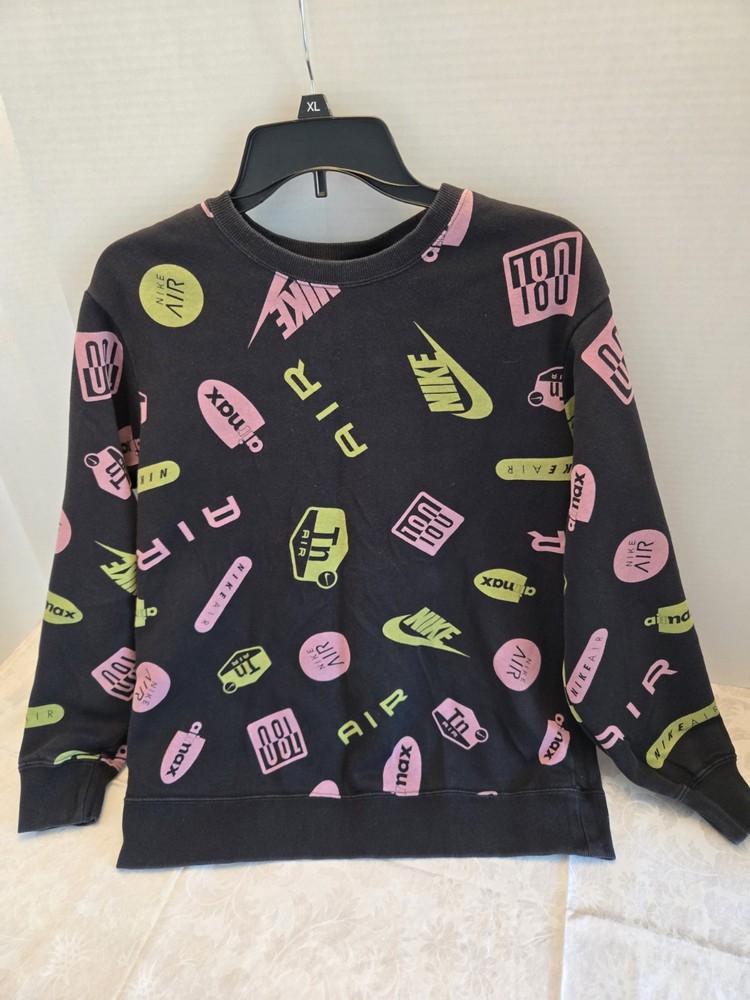 Nike Air Max Sweatshirt Womens Medium  Black  All Over Print Logo Pink & green