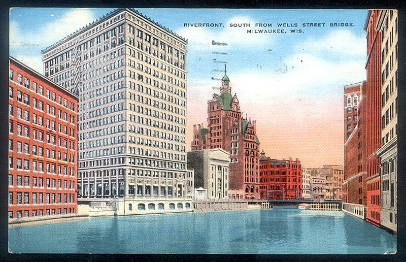 Vintage RIVERFRONT South from WELLS STREET BRIDGE Linen Postcard - Milwaukee, WI
