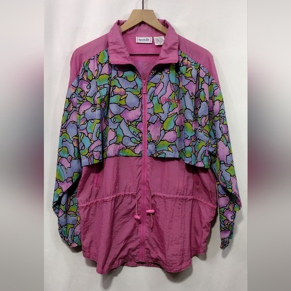 Vintage 90s Reebok Windbreaker Jacket Womens M Multicolor Artsy Retro Boho