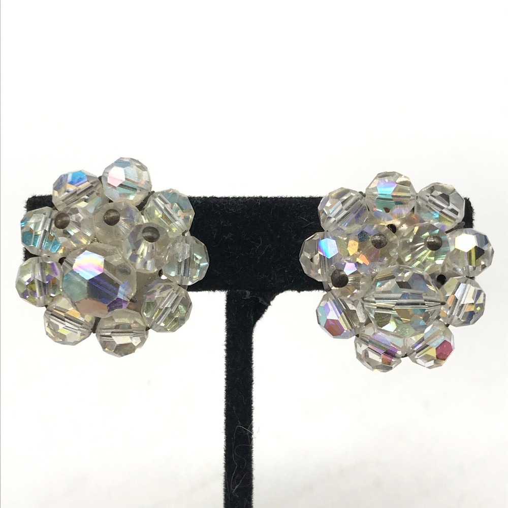 Vintage Clear AB Aurora Borealis Crystal Cluster Silver Tone Clip On Earrings