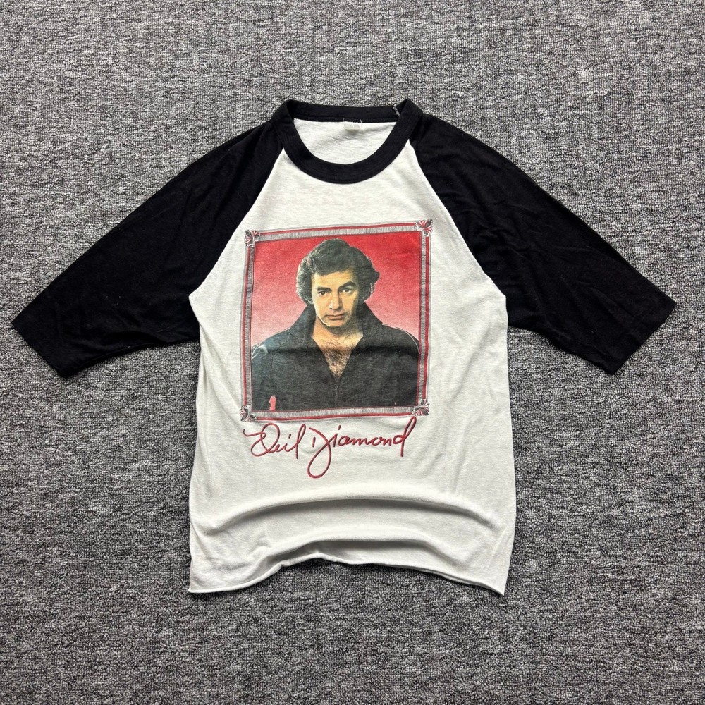 Vintage 80s Neil Diamond Rock Concert Tour Raglan T-Shirt  White Size Medium
