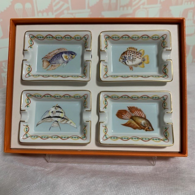 Hermes Mini Ashtray Fish Pattern Size 5.7x7.7cm Porcelain Set of 4 With Box New