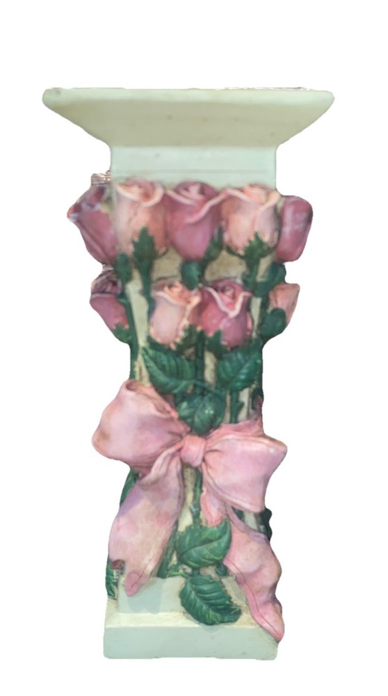 Vintage Wang's Int'l Inc Candle Holder Pink Grean Floral Rose Heavy Pillar Resin