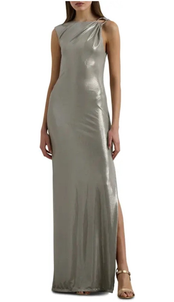 Lauren Ralph Lauren Women's Elegant Silver Buckle Detail Sheath Gown Size 12