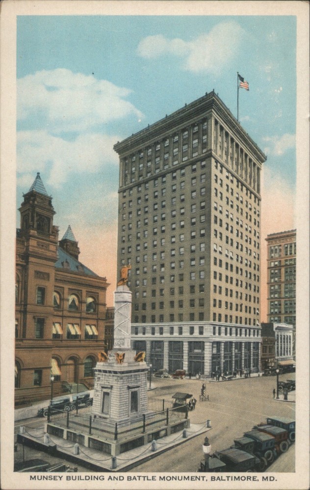 Baltimore, Maryland MD Munsey Building Battle Monument Original Vintage Postcard