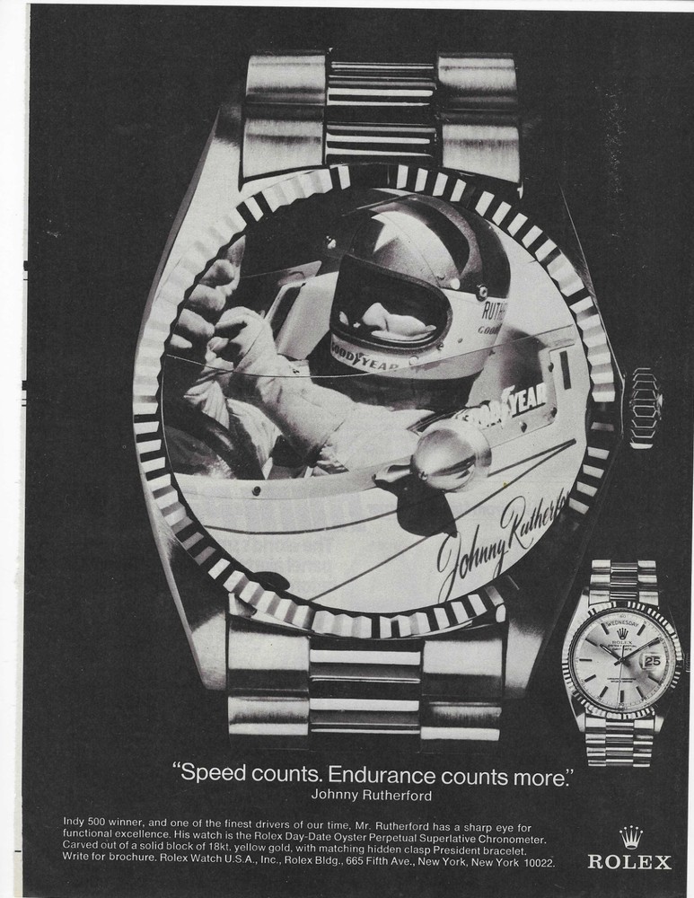 Indy 500 Johnny Rutherford  Rolex  Original Print Ad