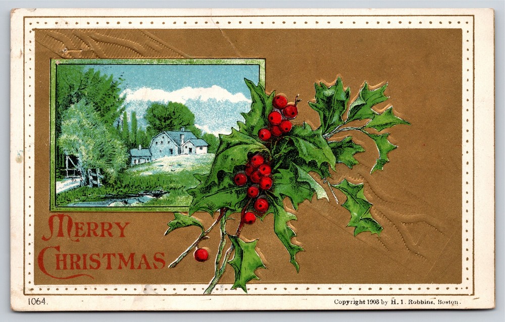 Christmas~Holly w/Bright Red Berries~Winter Home Inset~Gold Back~Emboss~1909 PC