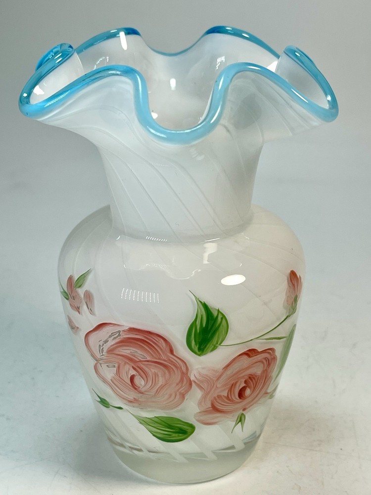 Vintage Fenton White Optic Swirl Glass Vase Aqua Blue Crest Hand Painted Roses