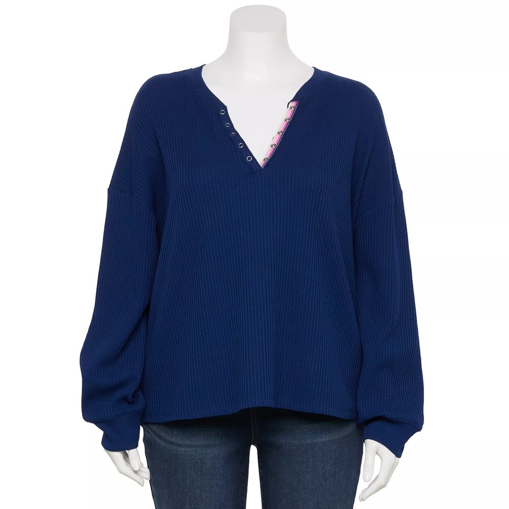 SONOMA Goods For Life Women's Plus Size Relaxed Waffle Knit Henley size 2X Blue