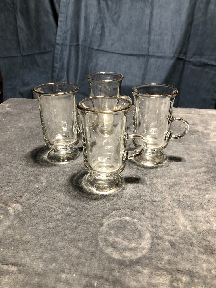 Set of 4 Gold-Rimmed Clear Glass Irish Coffee Mugs