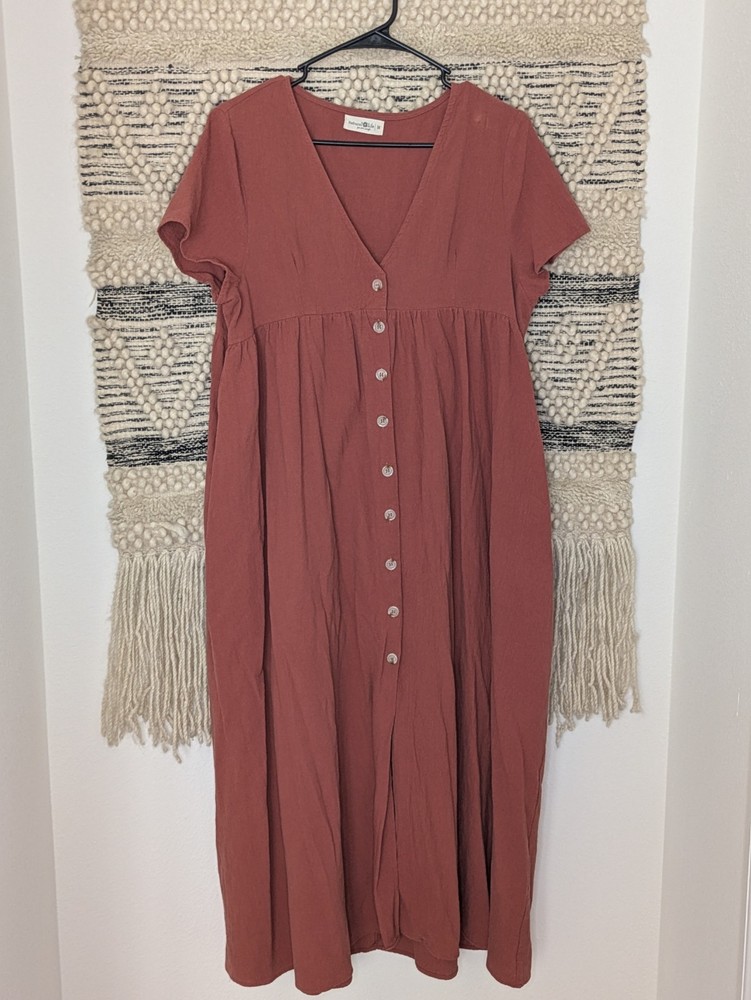 Orange Natural Life Maxi Shirt Sleeve Button Down Dress Size Medium Boho Hippie