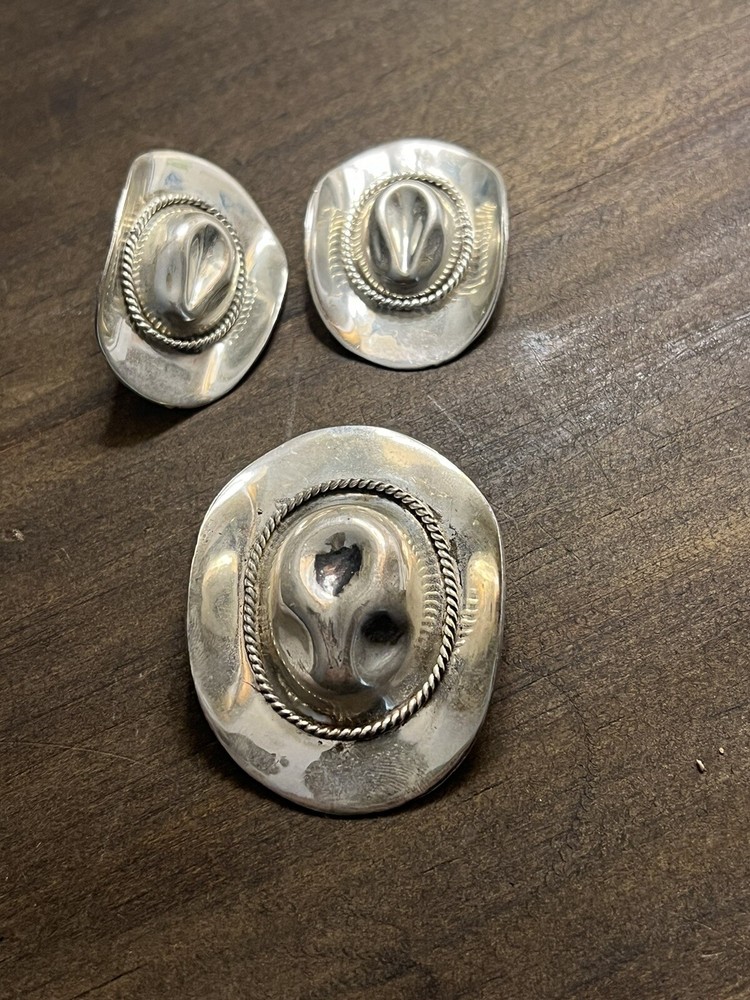 Vintage Cowboy Hat Earrings And Brooch Made In Mexico Sterling Silver