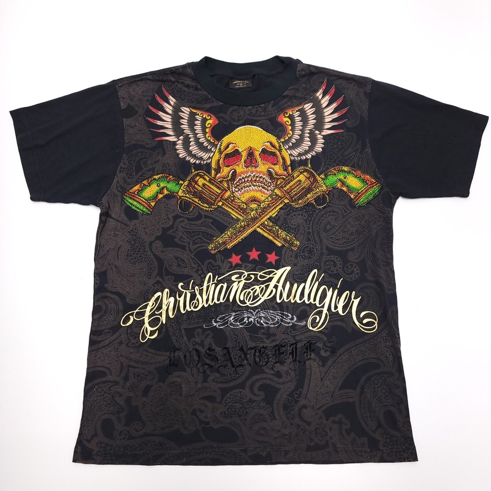 Christian Audigier T Shirt Skull Guns Revolver Rhinestone Los Angeles Angels