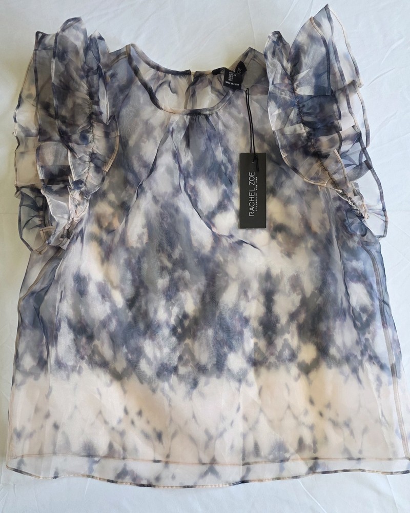 Rachel Zoe Sheer Chiffon Tie-Dye Blouse Ruffle Short Sleeve Round Neck L
