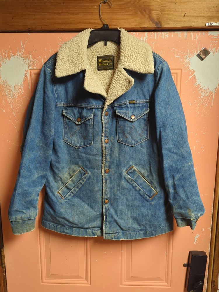 Vintage Wrangler Wrange Coat Blue Sanforset Denim Sherpa Western USA Sz Medium