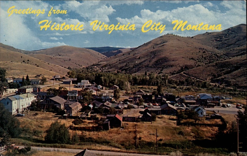 Montana Greetings from Virginia City aerial view ~ 1950-60s vintage postcard
