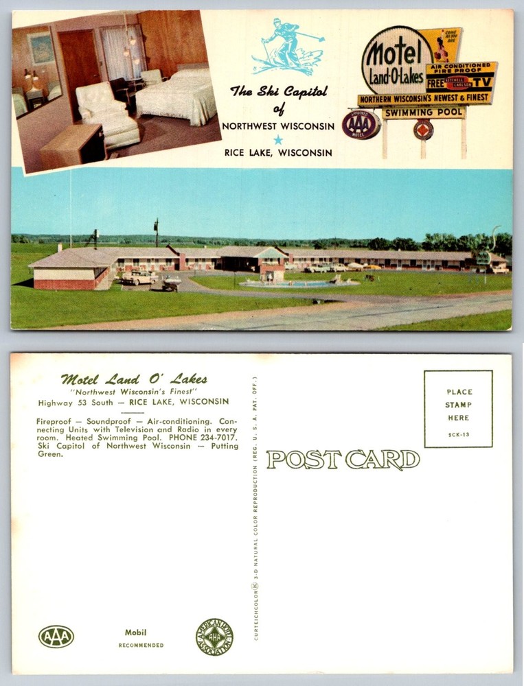Motel Land O' Lakes Rice Lake WI Postcard Ski Capital Wisconsin AAA Pool