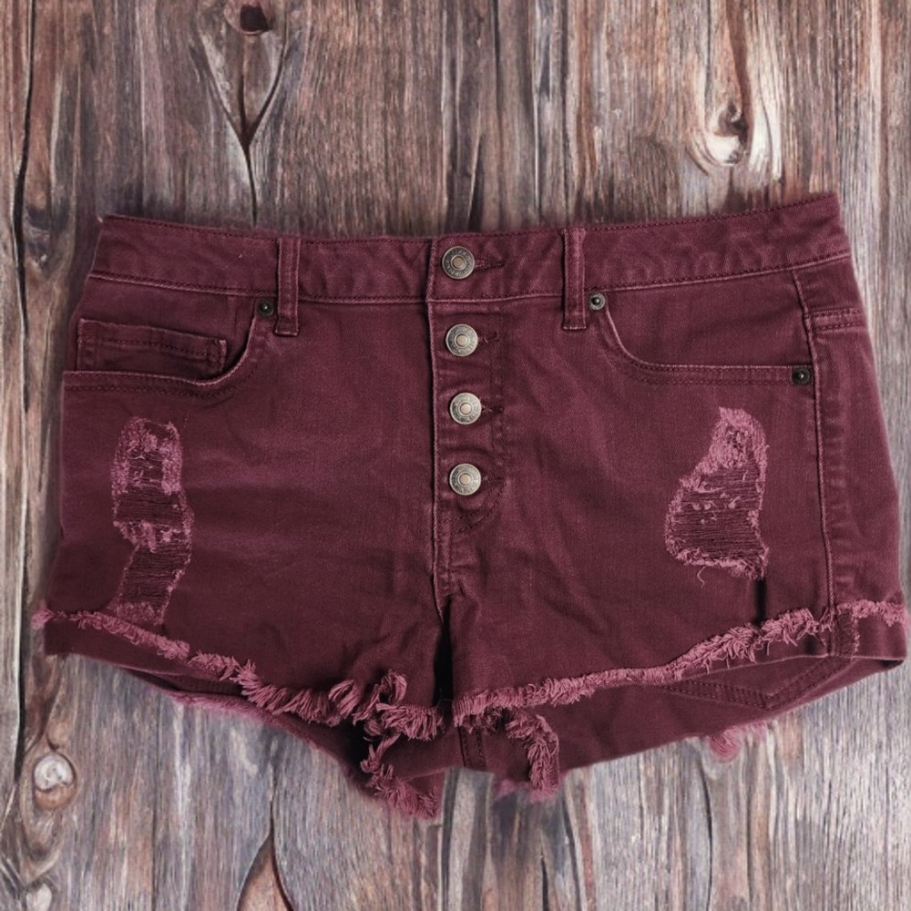 Forever 21 Burgundy High Rise Button Fly Denim Shorts Size 29 Distressed Raw Hem
