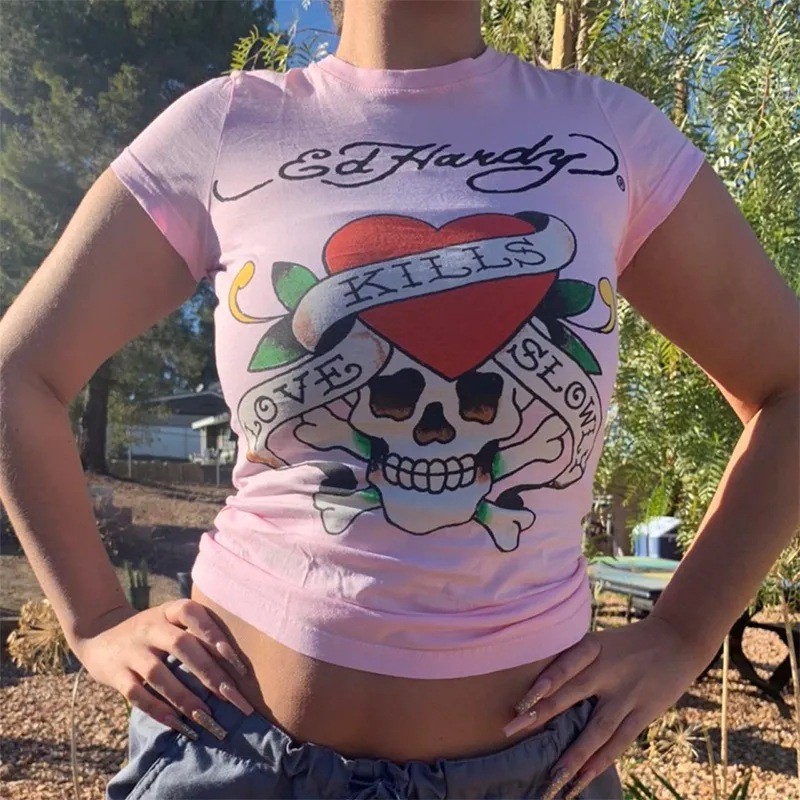 Women's Retro Ed Hardy Style Print T-shirt Europe And America Top S-2XL