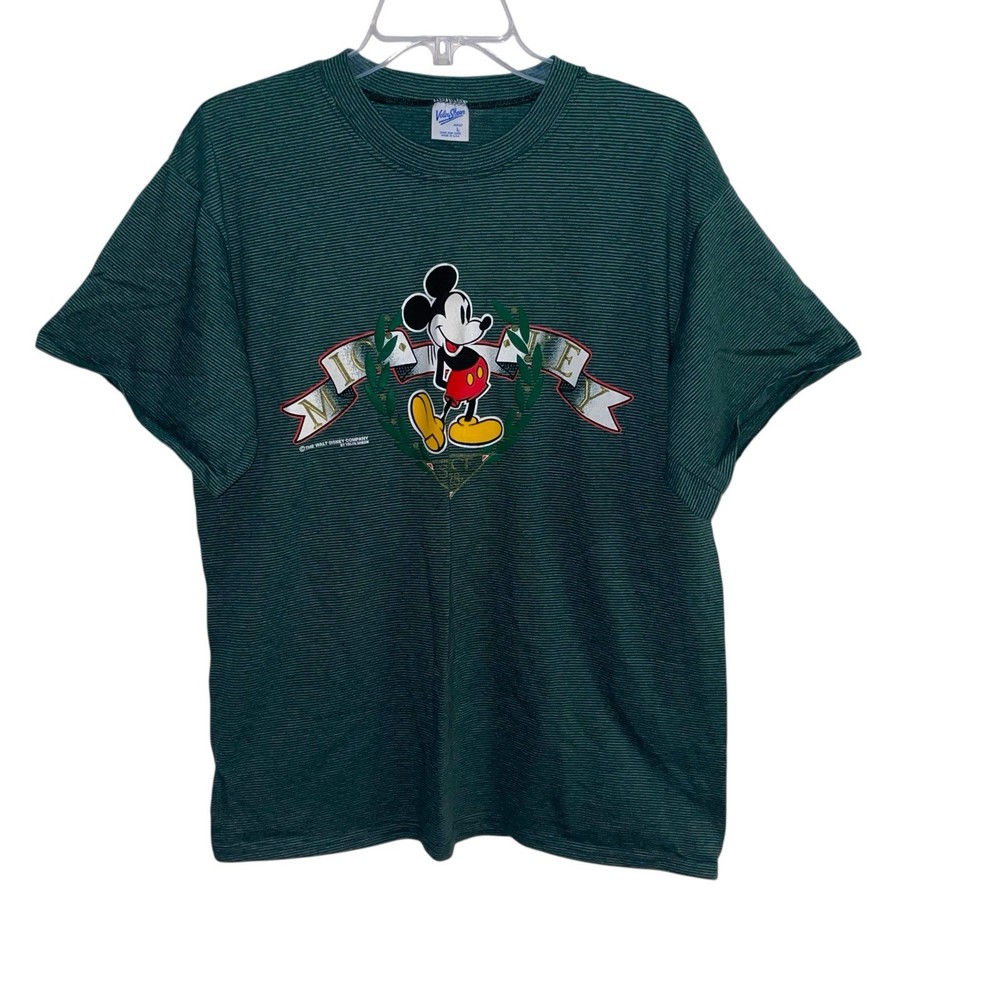 Vintage Velva Sheen Mickey Mouse Disney T-Shirt Green Striped USA Size L 90s