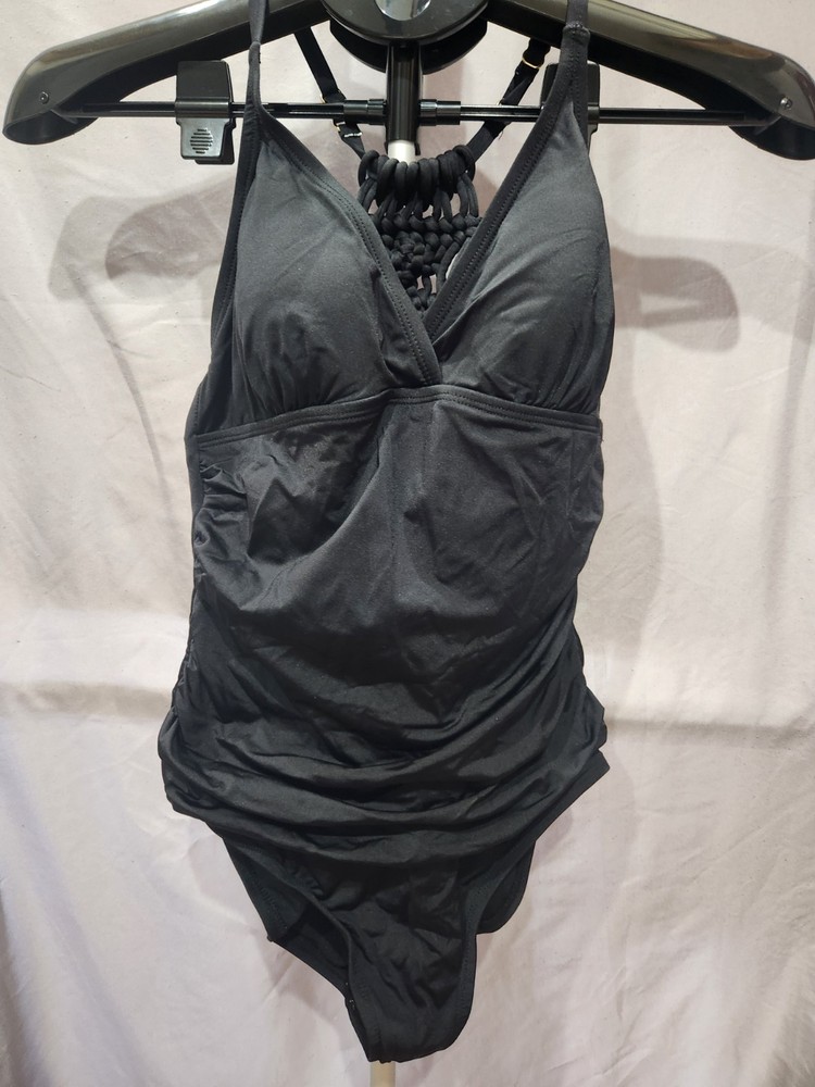 Firpearl Women's Sz 8 Black Ruched One-piece Swimsuit w/ Back Macrame Detailing