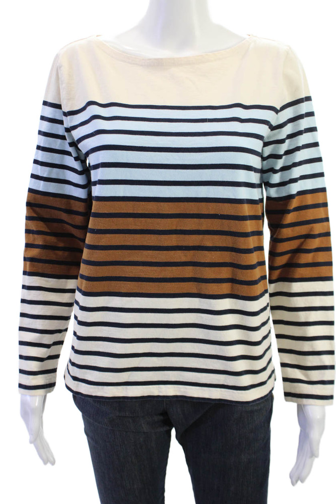 J Crew Womens Striped Beige Cotton Long Sleeve Basic T-Shirt Round Neck Size MFree Shipping in US $100+ Orders | $6.95 Orders Below