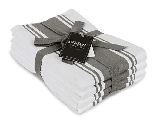Cotton Kitchen Towels - Set of 4 Highly Absorbent, Light Gray 4 Stripe Towels