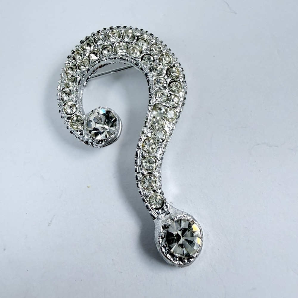 Vintage Rhinestone Question Mark Silver Tone Brooch Pin