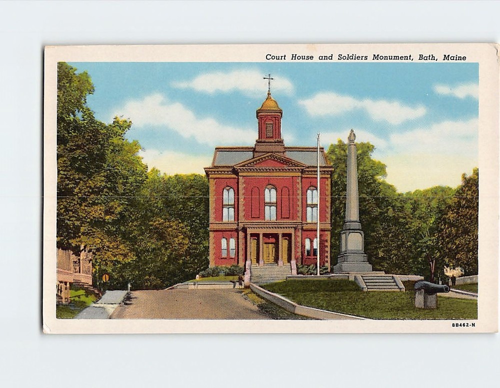 Postcard Court House and Soldiers Monument Bath Maine USA
