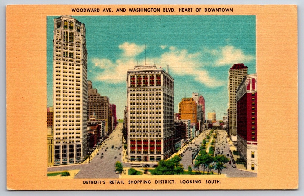Detroit Michigan~Woodward Ave & Washington Blvd In Downtown~Vtg Linen Postcard