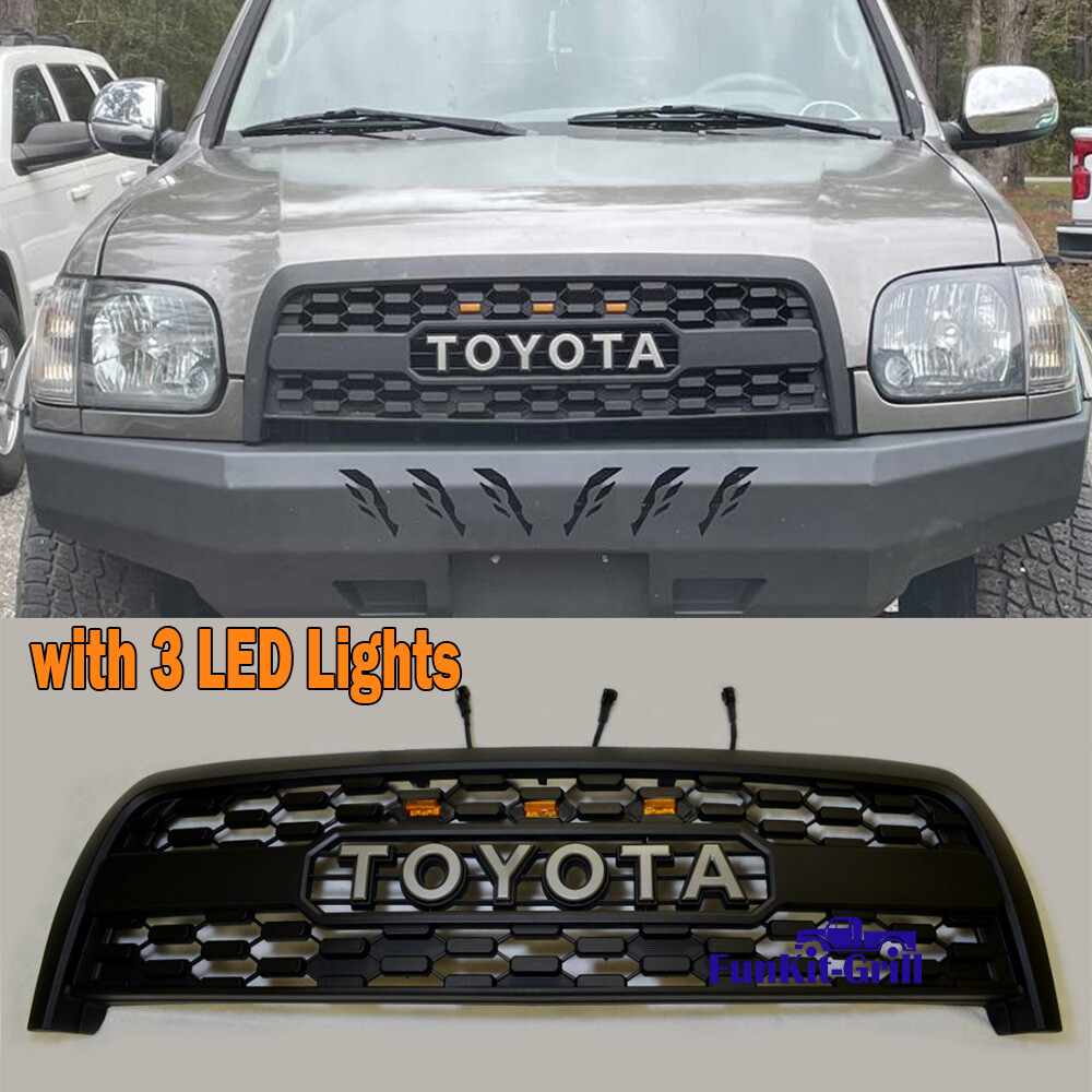 Front Grille For 2003-2006 Toyota Tundra Grille W/3LEDs W/Letters Matte Black