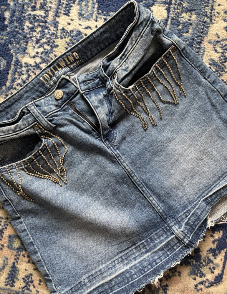 Idyllwind Blue Denim Beaded Fringe Mini Skirt XS