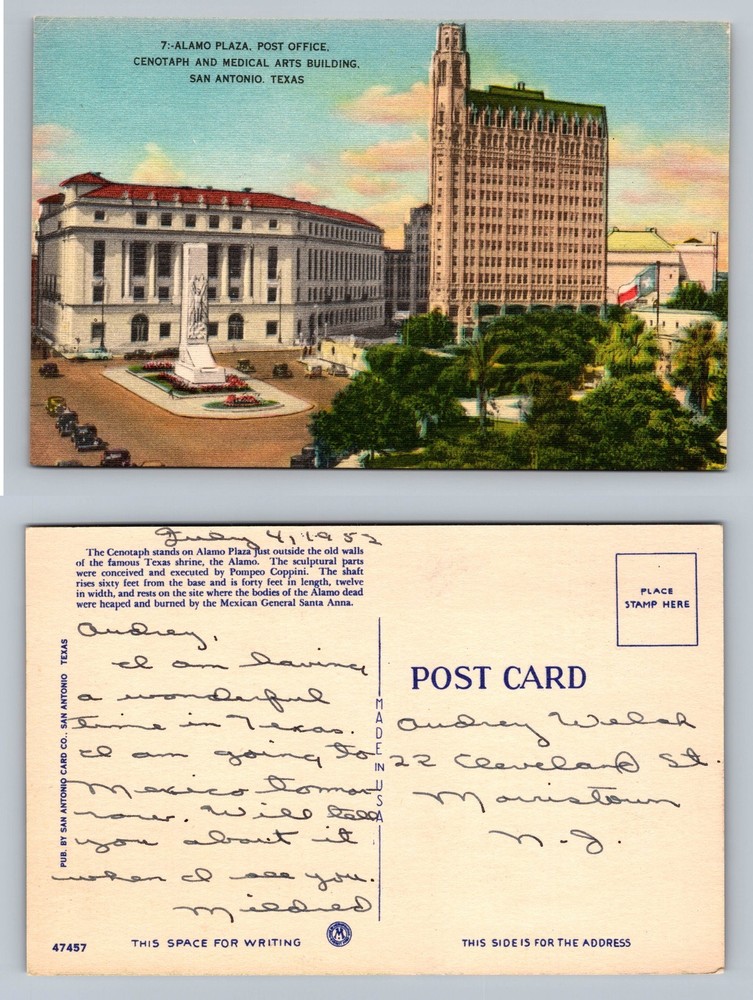 San Antonio, TX-Texas, Alamo Plaza Cenotaph Post Office Vintage c1952 Postcard