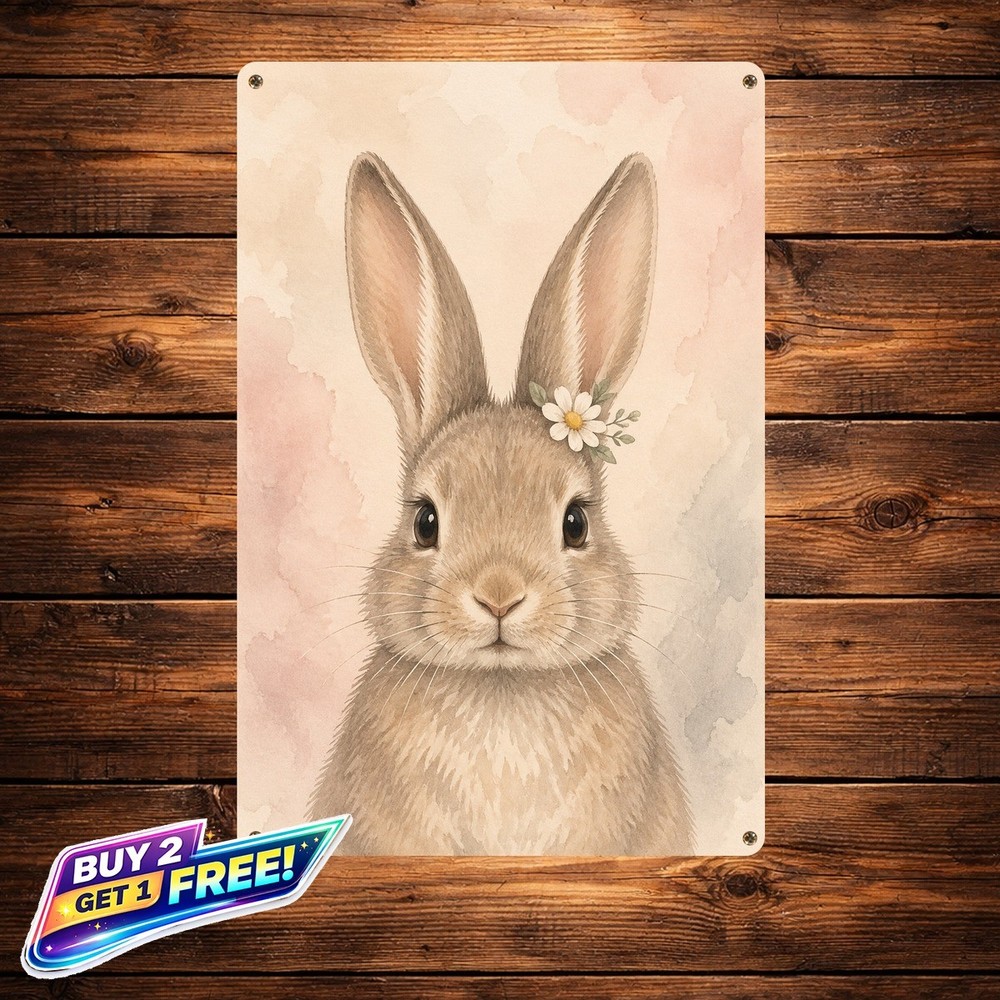 Rabbit Portrait Wood Frame Style Sign Vintage Animal Decor Metal Tin Plaque
