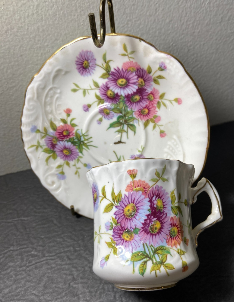 Vintage Hammersley Floral Aster Cup & Saucer Bone China Gold Trim England