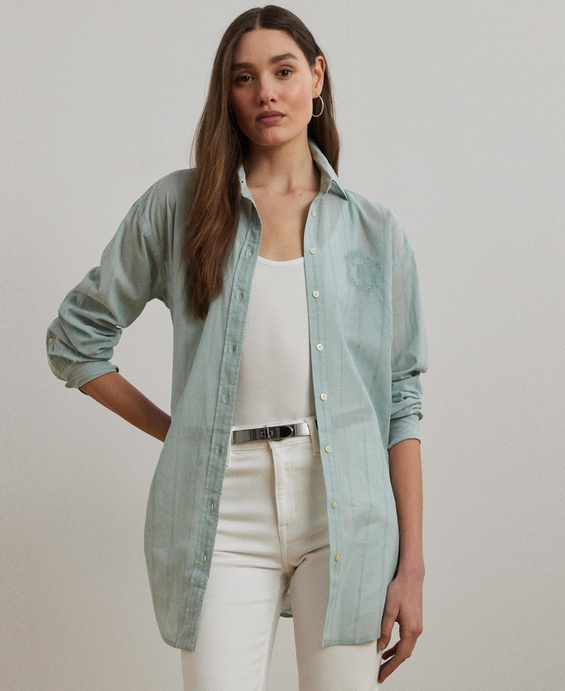 Lauren Ralph Lauren Oversize Striped Cotton Voile Shirt Sage Green Size L 0065