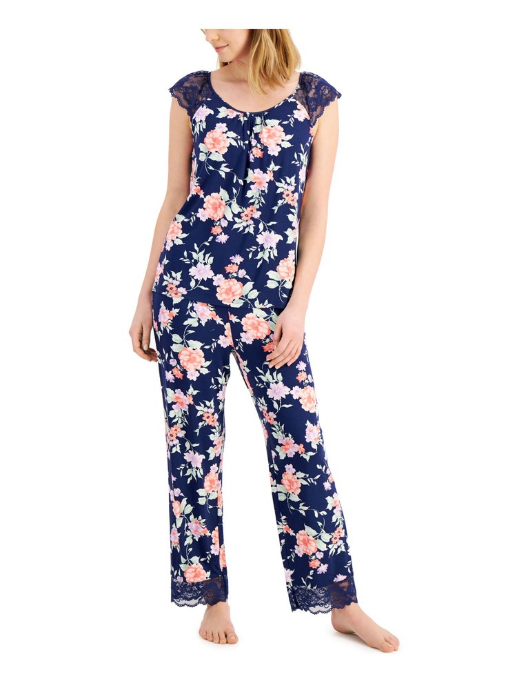 CHARTER CLUB Womens Navy Lace T-Shirt Straight leg Pants Stretch Pajamas S
