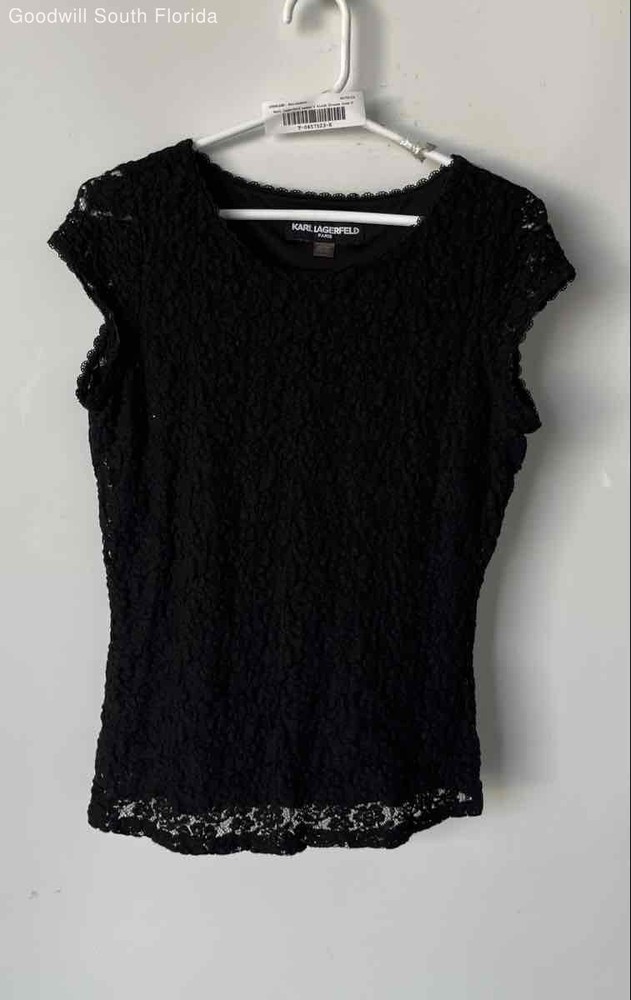 Karl Lagerfeld Womens Black Lace Crew Neck Pullover Cap Sleeve Blouse Top Size S