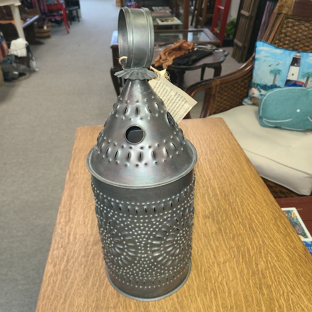 Vintage Primative Punched Tin Lantern Candle Holder
