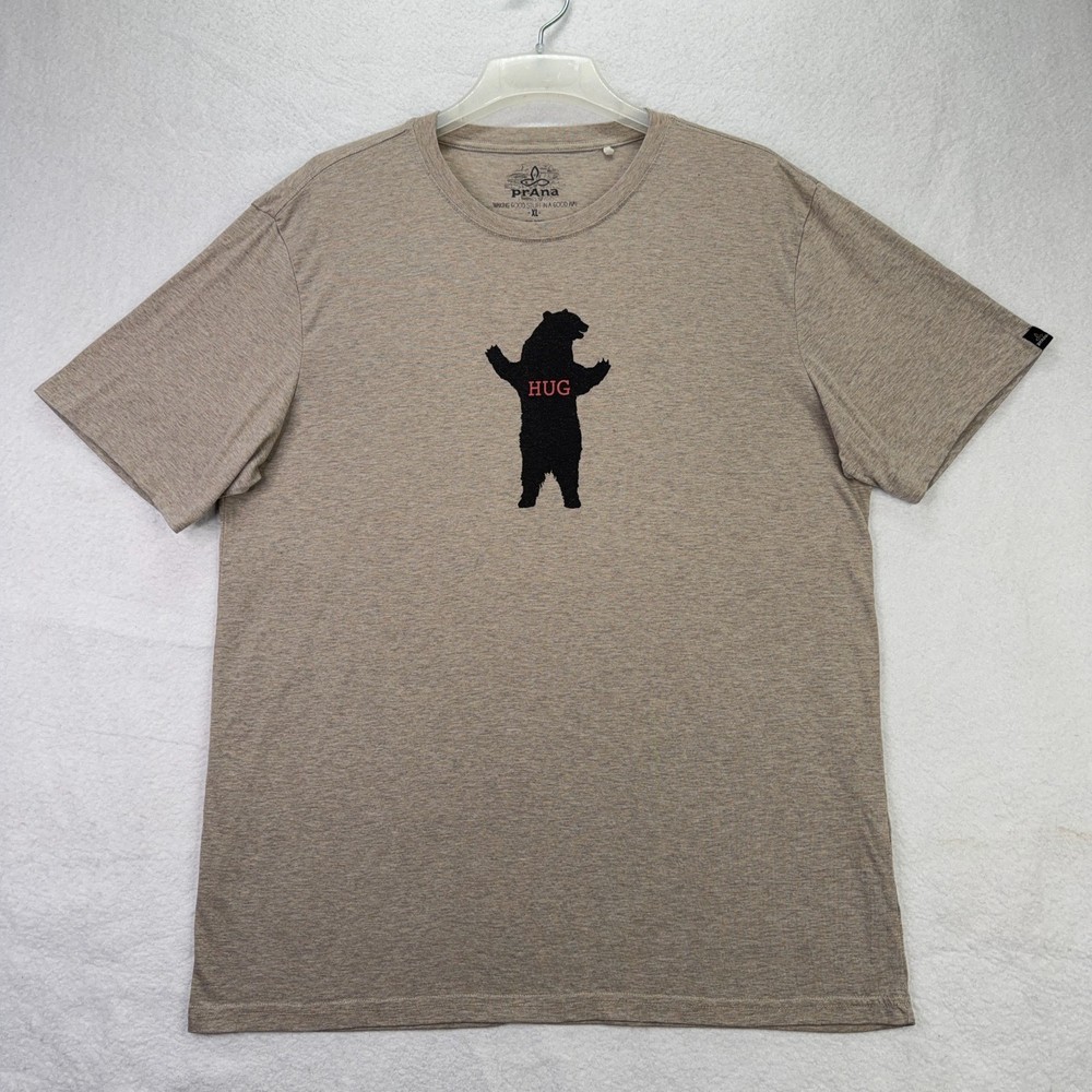 prAna Bear Hug Graphic T-Shirt Mens XL Heather Tan Short Sleeve Crew Neck