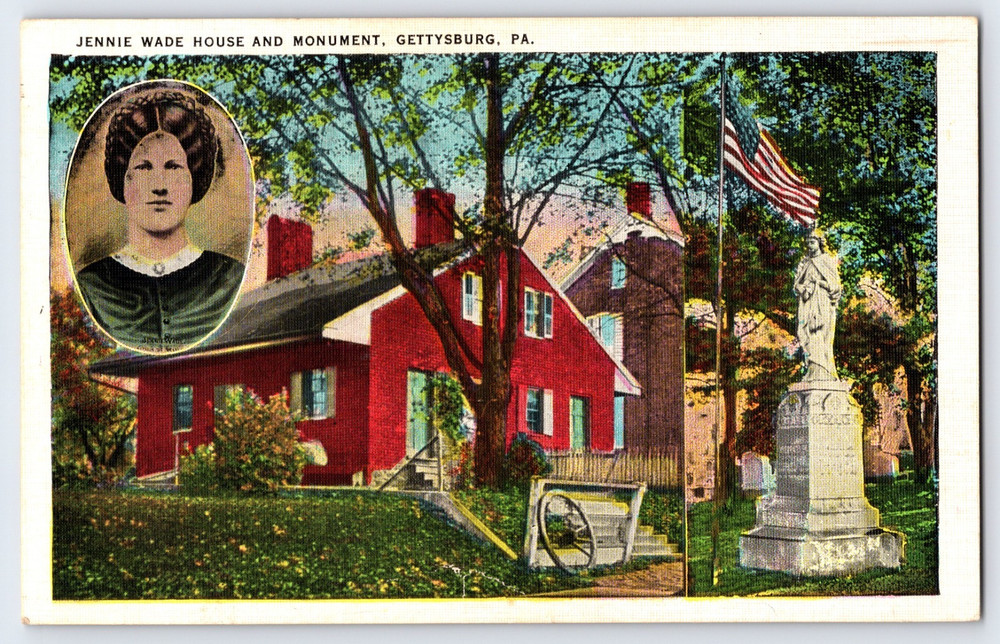 Gettysburg Pennsylvania USA Jennie Wade House And Monument Flag Vintage Postcard