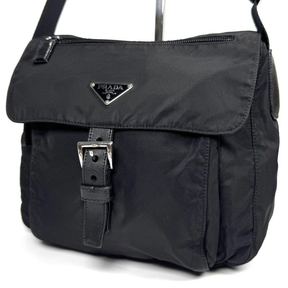 Prada Shoulder Bag Nylon Flap Belt Black