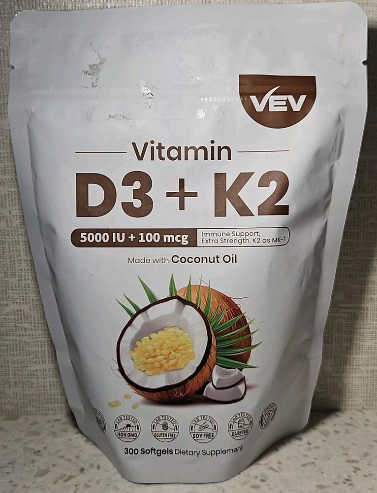 VEV 2 in 1 Vitamin D3 + K2 MK7 5,000 IU 100 mcg Coconut Oil 300 Softgels 12/26