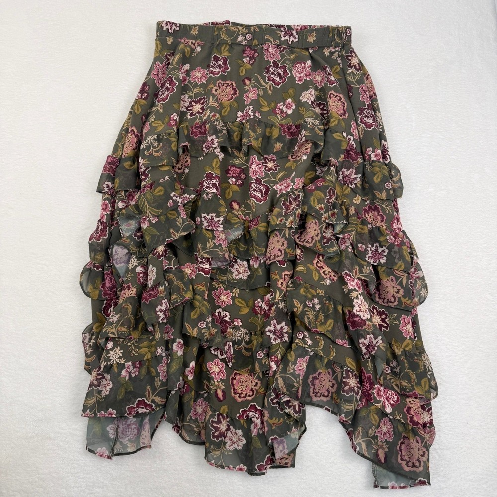 Cato Floral Ruffle Handkerchief Hem Flowy Maxi Skirt Womens Large Olive Green