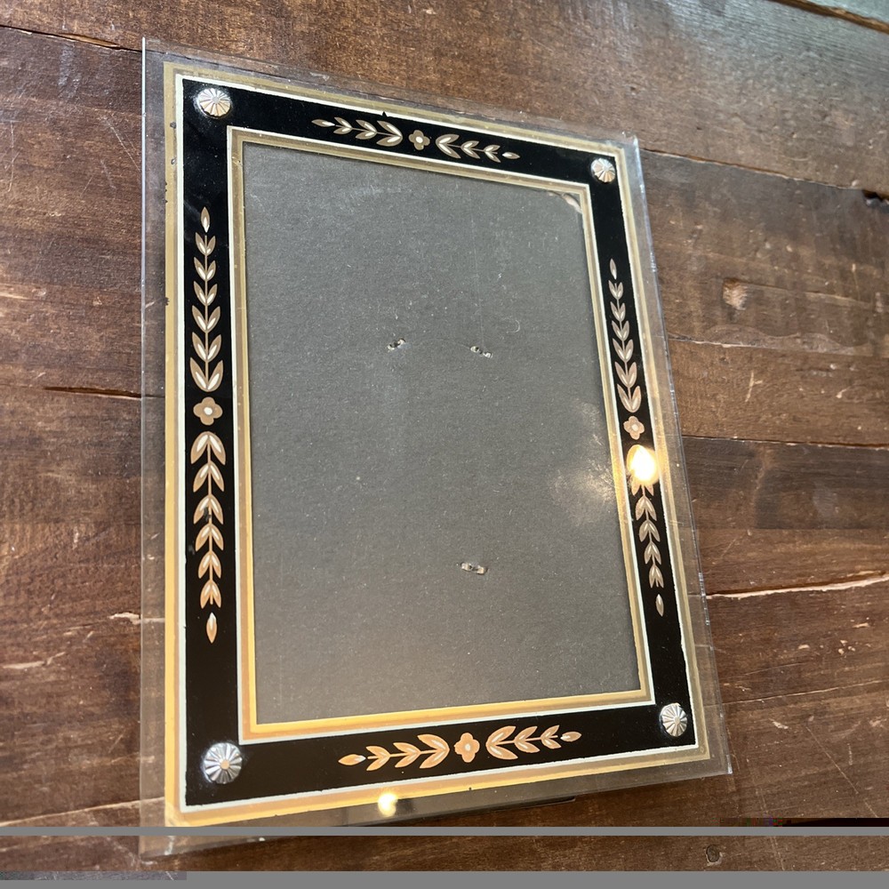 Art Deco Reverse Painted Picture Frame Glass 9” X 7” black gold 1930’s