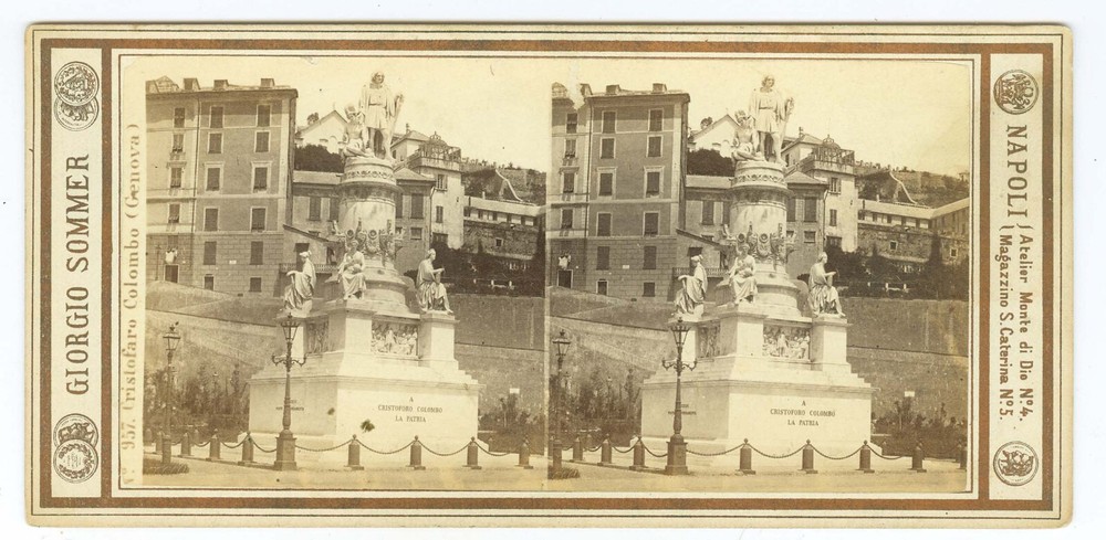 G1389~ ITALY - G. SOMMER – Genova C. Colombo Statue c.1860 Stereoview