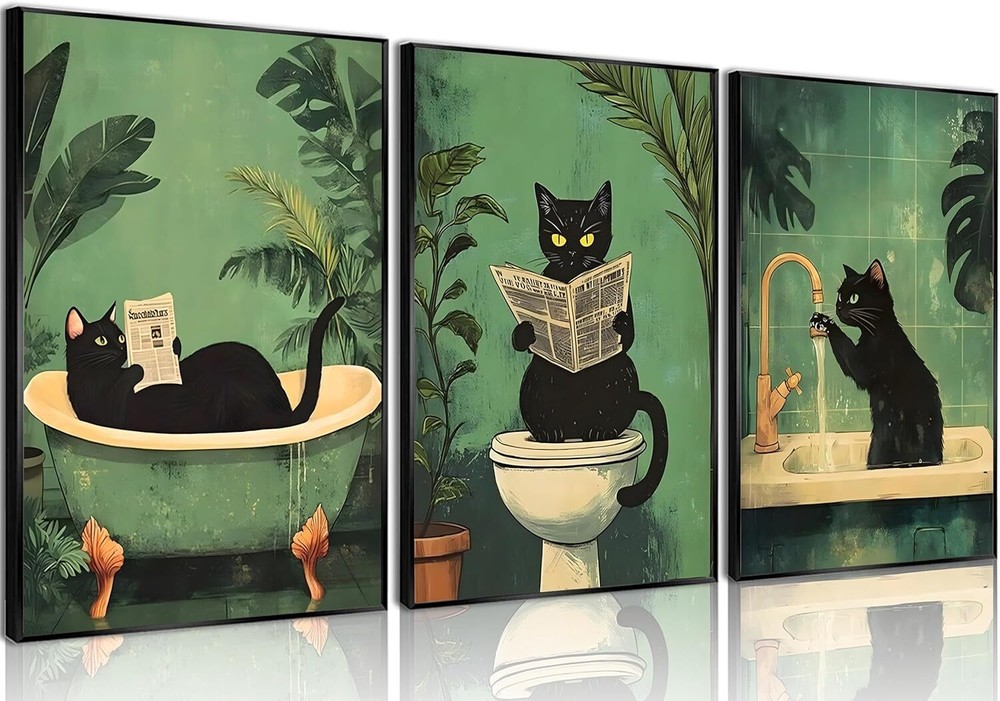 3Pcs Funny Bathroom Black Cat Wall Art Vintage Cat Wash Its Paws Reading Newspap