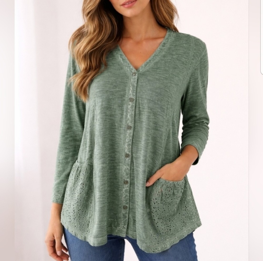 NWT LOGO Lori Goldman $85 Distressed Cotton Knit Cardigan Top Green Boho Eyelet