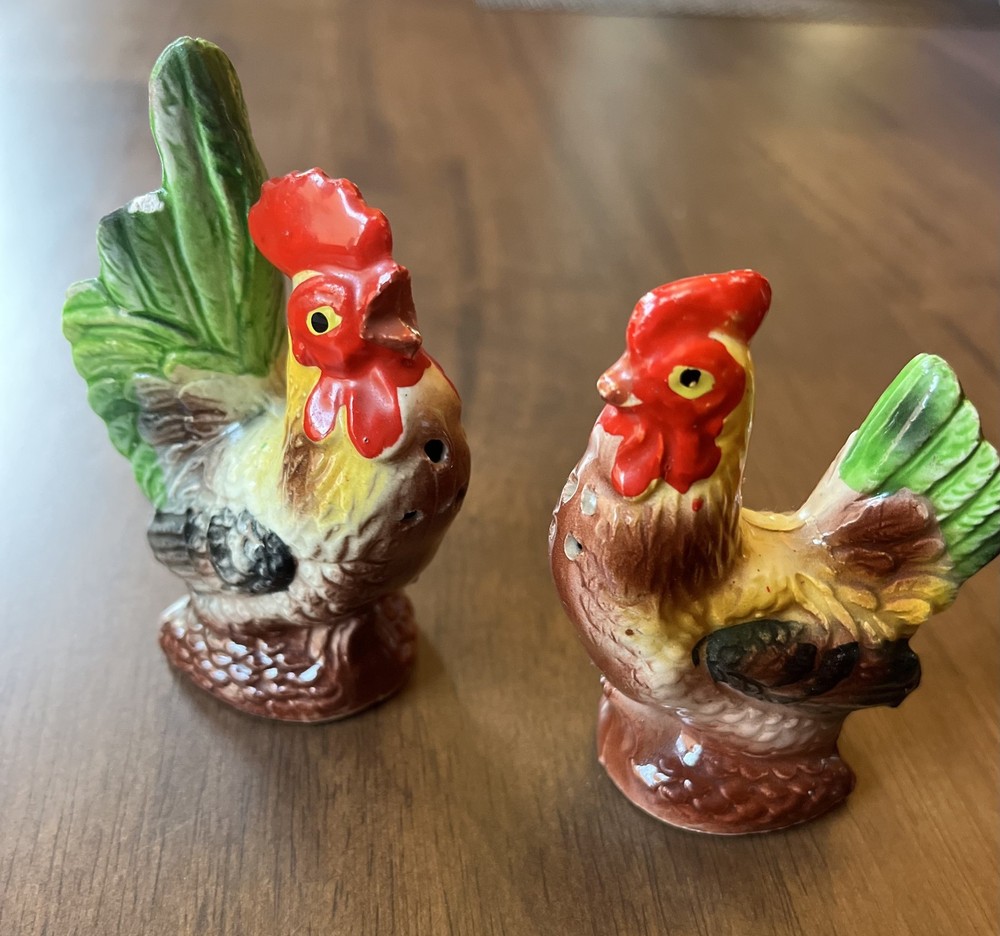 Vintage Ceramic Rooster and Hen Salt and Pepper Shakers made in Japan