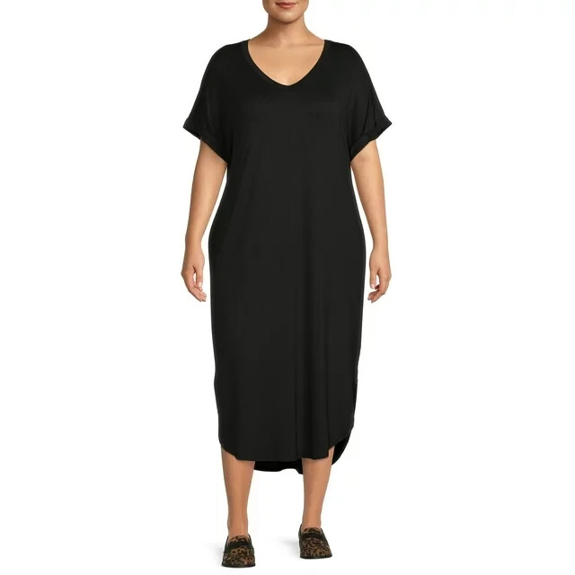 Terra & Sky Women's Midi V-Neck Black Knit T-Shirt Dress Short Sleeve 2X